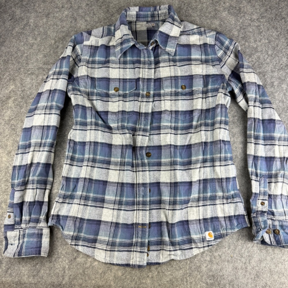 Carhartt Womens Blue Plaid Flannel Shirt Long Sleeve Cotton Stretch S 4/6 100714